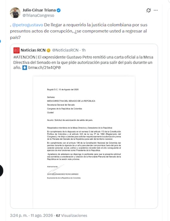 El congresista Julio César Triana cuestionó al expresidente Petro por solicitar al Congreso que se autorice su salida del país - crédito @TrianaCongreso/X
