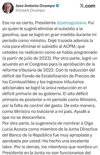 José Antonio Ocampo defiende la eliminación gradual del subsidio a la gasolina y afirma haber dejado una hoja de ruta para el diésel - crédito @JoseA_Ocampo/X