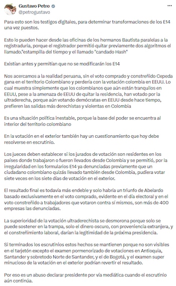 Gustavo Petro señaló que la eliminación de controles digitales facilita alteraciones en el conteo de votos - crédito @petrogustavo/X