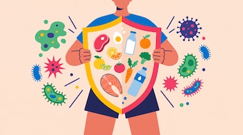 Ilustración de una persona sosteniendo un escudo con carne, huevo, leche, cítricos, vegetales, salmón y agua, con virus y bacterias alrededor.