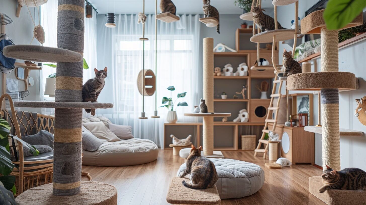 Habitación equipada con rascadores, juguetes, repisas, muebles y árboles para gatos, espacio adecuado para el juego y descanso de felinos - (Imagen Ilustrativa Infobae)