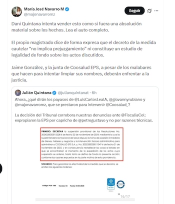 La superintendente de la Economía Solidaria, María José Navarro, aseguró que la suspensión de la intervención de Coosalud no implica una absolución - crédito @majonavarromz/X