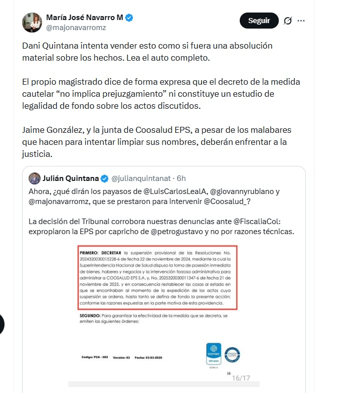 La superintendente de la Economía Solidaria, María José Navarro, aseguró que la suspensión de la intervención de Coosalud no implica una absolución - crédito @majonavarromz/X