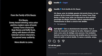 Captura de pantalla de una publicación de Instagram con un texto en inglés y español sobre fondo negro y un comentario de Jack Quaid