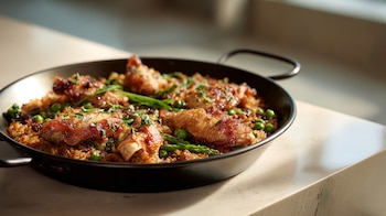 Paella con alitas de pollo, arroz dorado, cocina casera, sabor mediterráneo – (Imagen Ilustrativa Infobae)