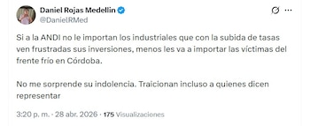 Daniel Rojas Medellín, ministro de Educación, criticó a la Andi y cuestionó su sensibilidad frente a la situación social en Córdoba - crédito @DanielRMed/X