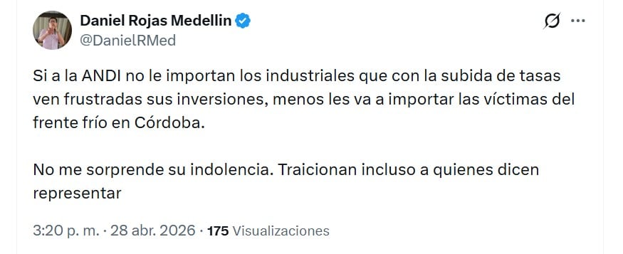 Daniel Rojas Medellín, ministro de Educación, criticó a la Andi y cuestionó su sensibilidad frente a la situación social en Córdoba - crédito @DanielRMed/X