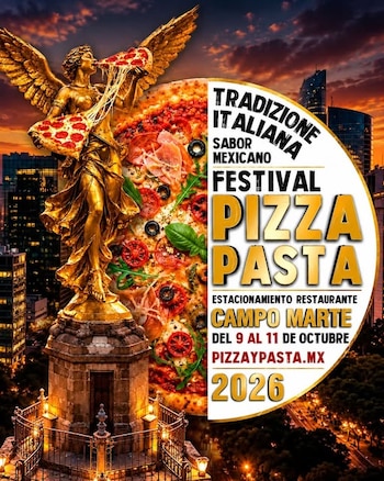 Cartel publicitario con el Ángel de la Independencia comiendo pizza sobre un fondo urbano y texto del Festival Pizza Pasta 2026
