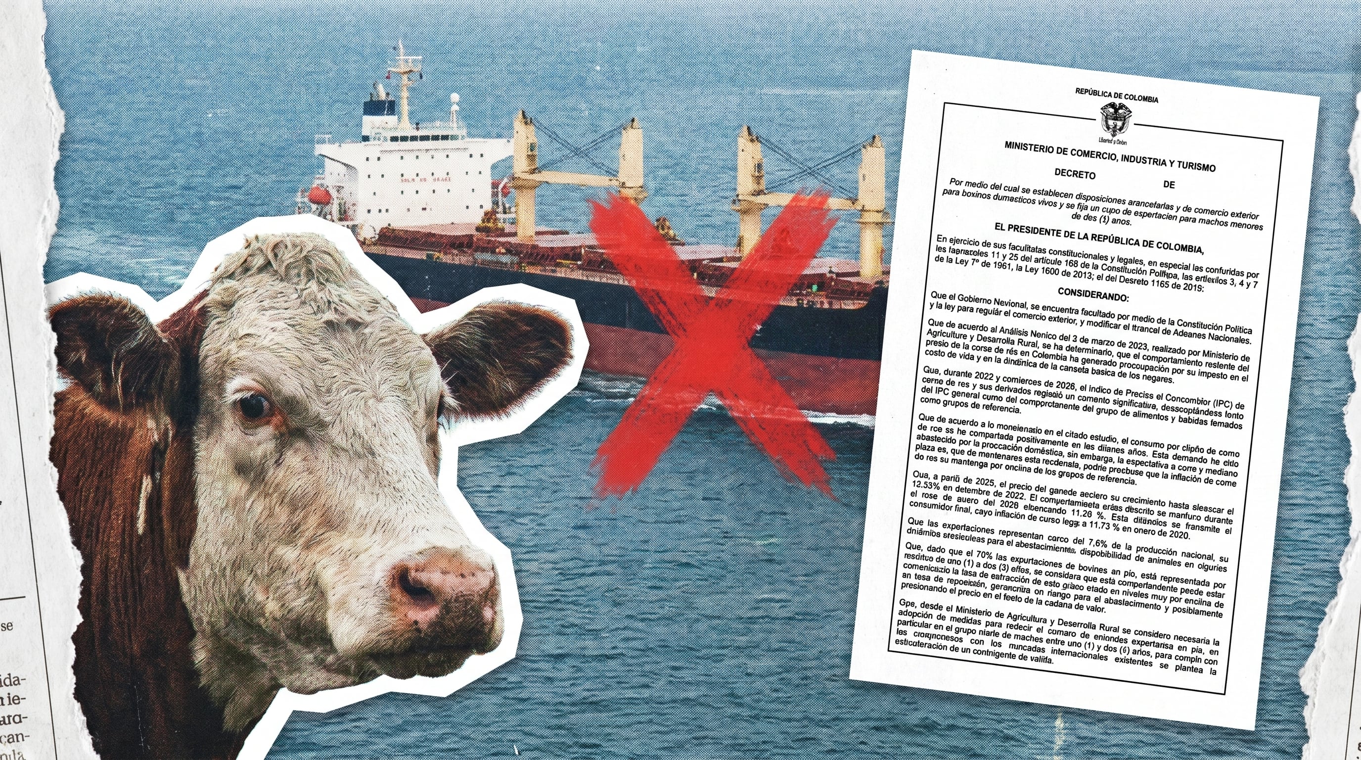 La cabeza de una vaca y un proyecto de decreto superpuestos sobre un buque carguero con una