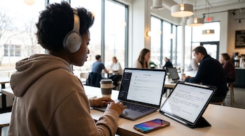 Joven con auriculares y cabello rizado trabaja en una laptop con un chatbot de IA en pantalla, una tableta y un smartphone sobre la mesa en una cafetería luminosa.