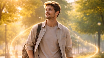 Un hombre joven camina por un sendero arbolado bañado por la luz del sol. Viste camisa beige, camiseta clara y jeans, y lleva una mochila al hombro