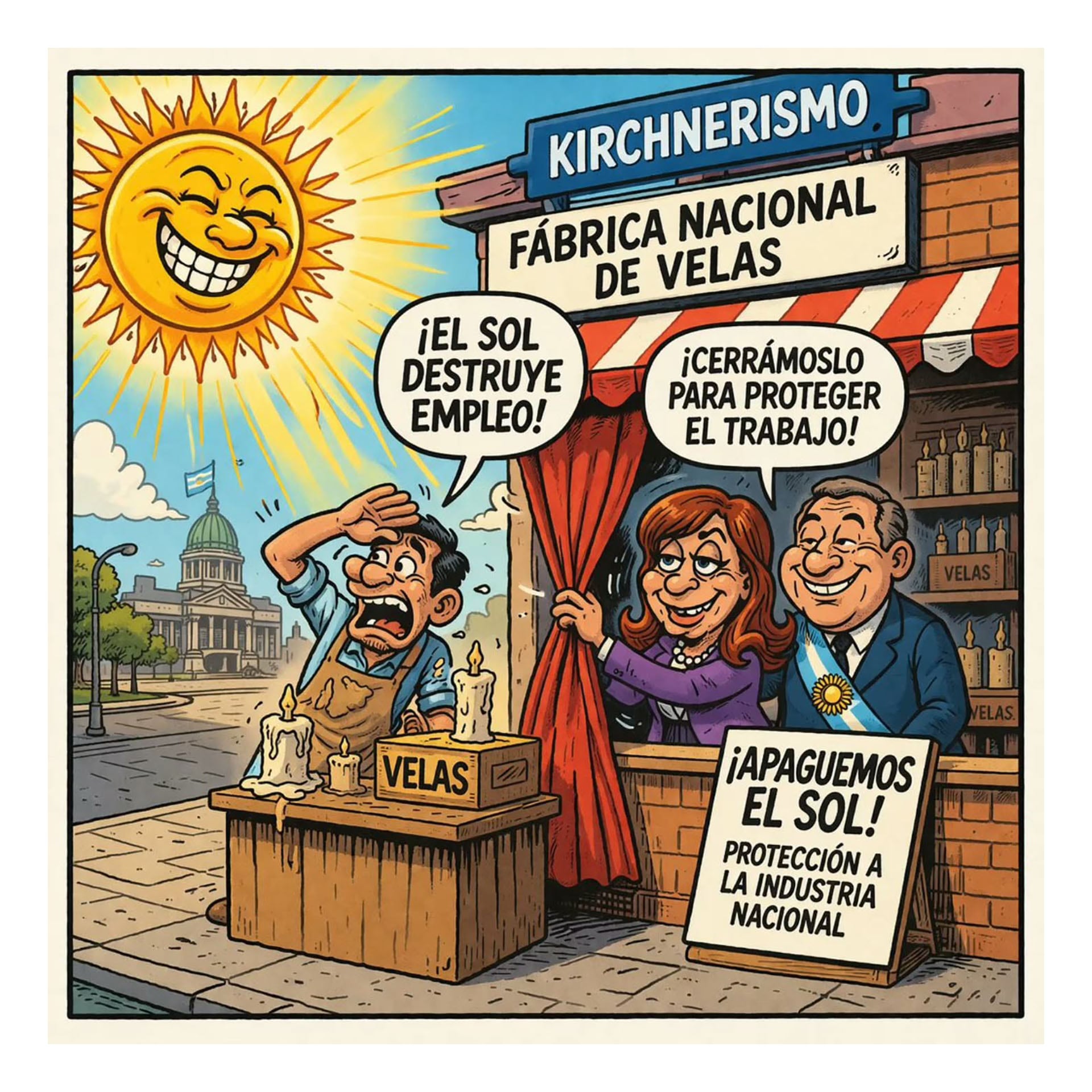 Caricatura compartida por Javier Milei que satiriza la protección a la industria nacional, mostrando a figuras Kirchneristas defendiendo una fábrica de velas de la competencia del sol.