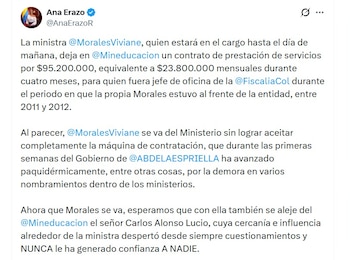 Ana Erazo cuestiona la gestión de Viviane Morales y pone la contratación millonaria del Ministerio bajo la lupa - crédito @AnaErazoR/X