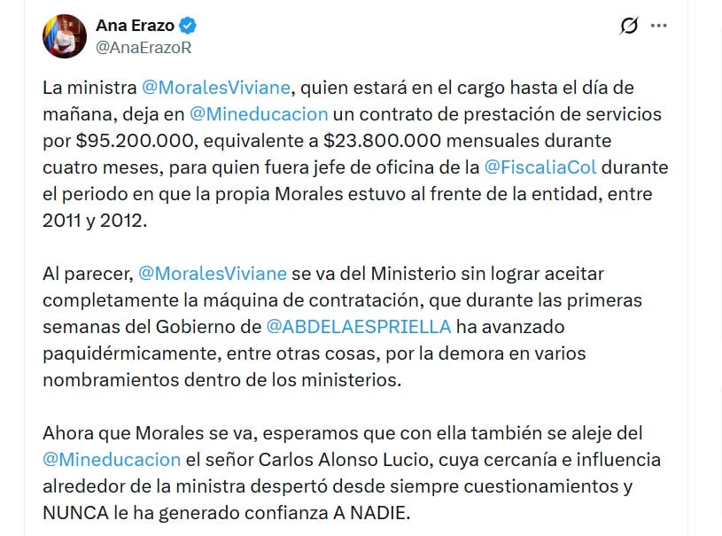 Ana Erazo cuestiona la gestión de Viviane Morales y pone la contratación millonaria del Ministerio bajo la lupa - crédito @AnaErazoR/X