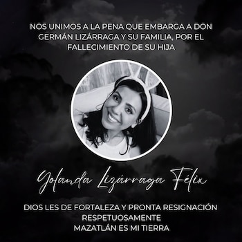 Gráfico de luto negro con una foto circular en blanco y negro de una mujer sonriendo con orejas de conejo. Texto blanco sobre Yolanda Lizárraga Félix y condolencias