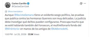 Carlos Carrillo afirmó que la justicia debe encargarse del caso contra Juliana Guerrero - crédito @CarlosCarrilloA/X