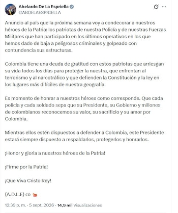 De la Espriella hizo el anuncio pasado el mediodía del sábado 5 de septiembre vía X - crédito @ABDELAESPRIELLA/X
