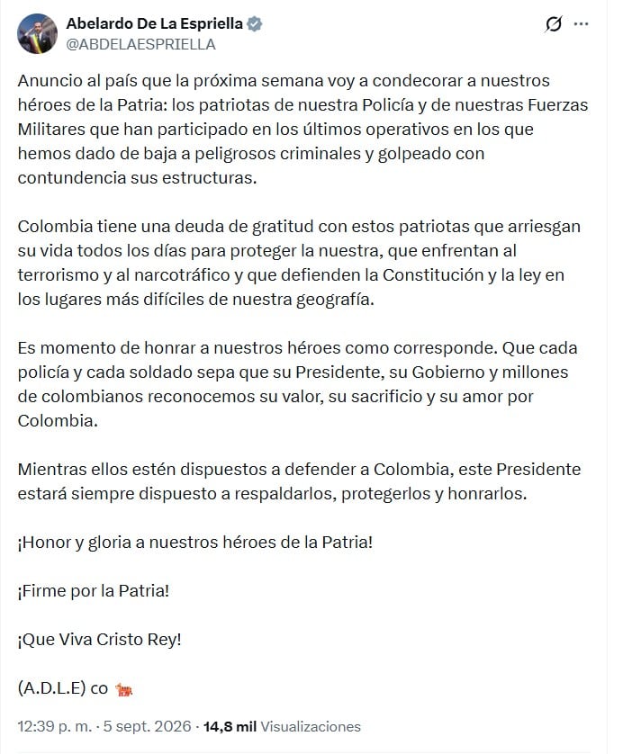 De la Espriella hizo el anuncio pasado el mediodía del sábado 5 de septiembre vía X - crédito @ABDELAESPRIELLA/X