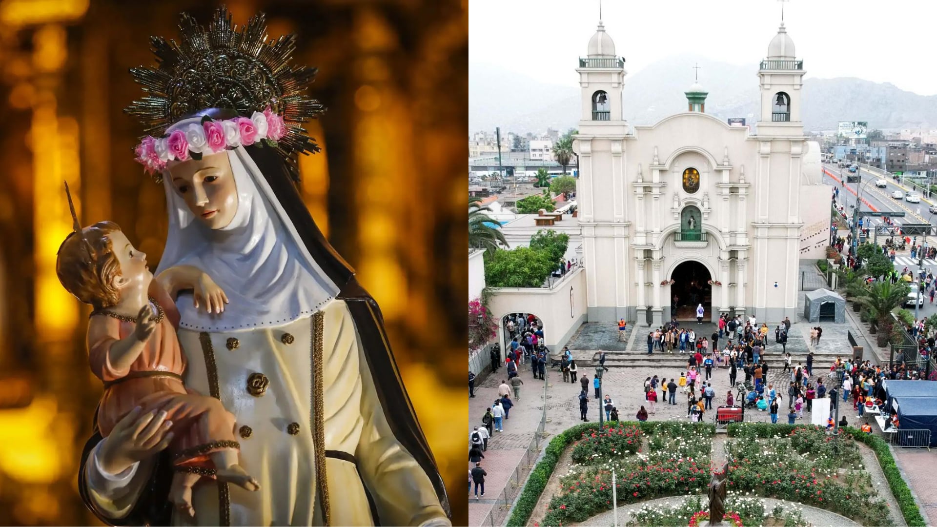 Una escultura de Santa Rosa de Lima y el templo en su honor ilustran la conmemoración del feriado nacional en Perú. (Infobae Perú)