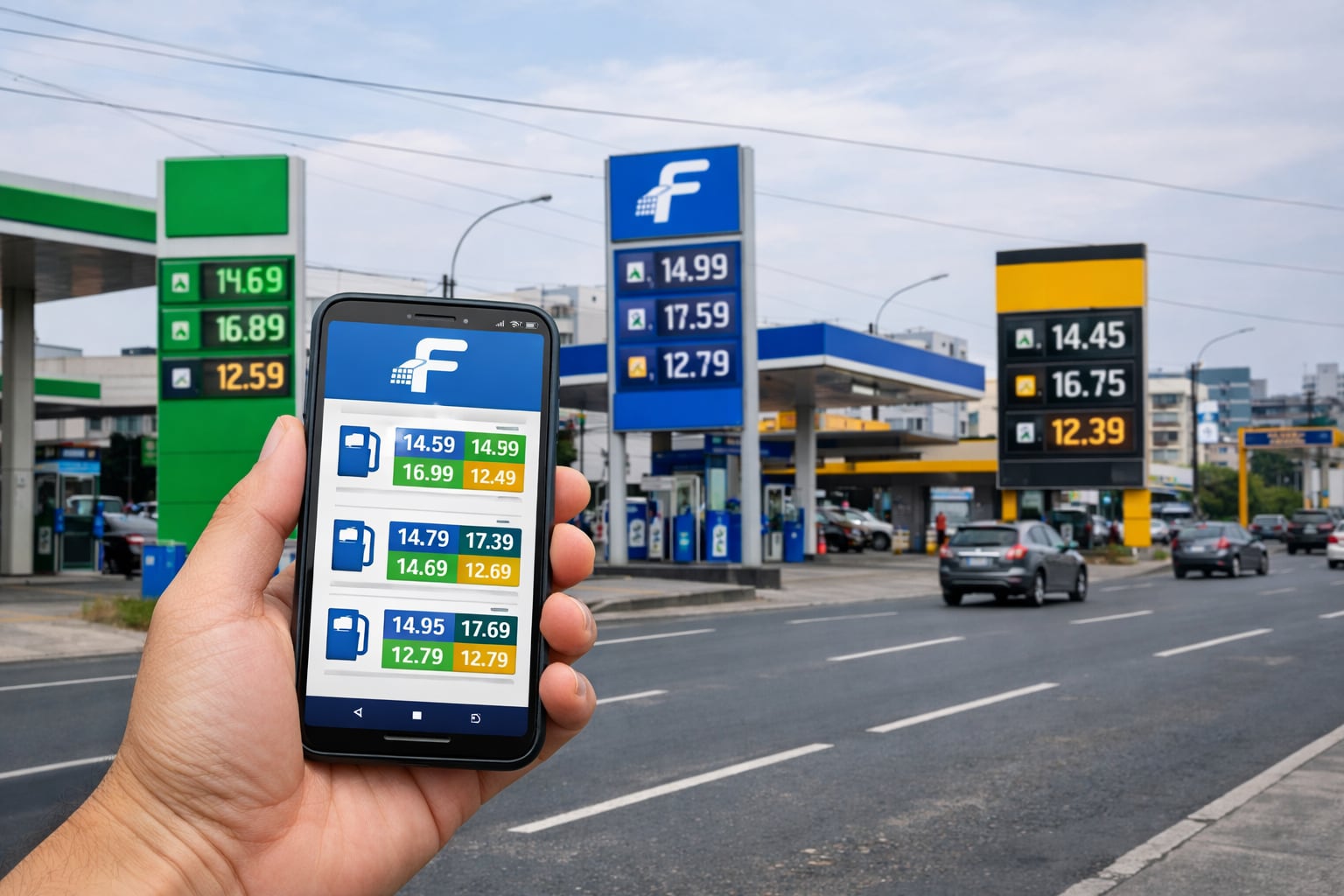 Una mano sostiene un teléfono móvil con la aplicación Facilito que compara precios de combustible, mientras se ven varias estaciones de servicio en una avenida de Lima, Perú. (Imagen Ilustrativa Infobae)