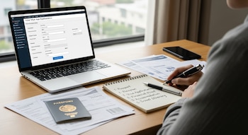 Una persona sentada frente a un portátil con un formulario de solicitud de visa, escribiendo en un cuaderno. Hay un pasaporte y documentos en el escritorio.