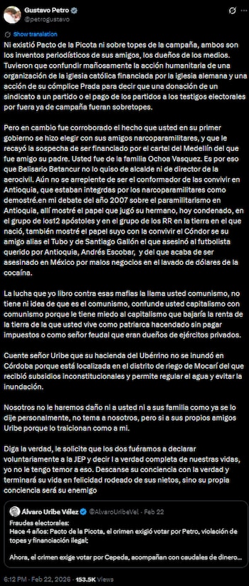 Gustavo Petro desafió al expresidente