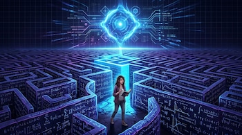 Una mujer en un laberinto con paredes de fórmulas matemáticas mira hacia una entidad digital brillante que proyecta un camino de luz sobre el laberinto.