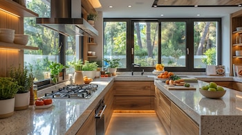 Cocina moderna con gabinetes de madera clara, encimeras moteadas, estufa de gas, fregadero, ventanas grandes con vista a un jardín, plantas y frutas frescas.