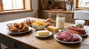 Mesa de madera con pollo frito, patatas fritas, rollos de canela, mantequilla, queso, carne cruda, salchichas, salsa de tomate y aceite de coco en dos envases.