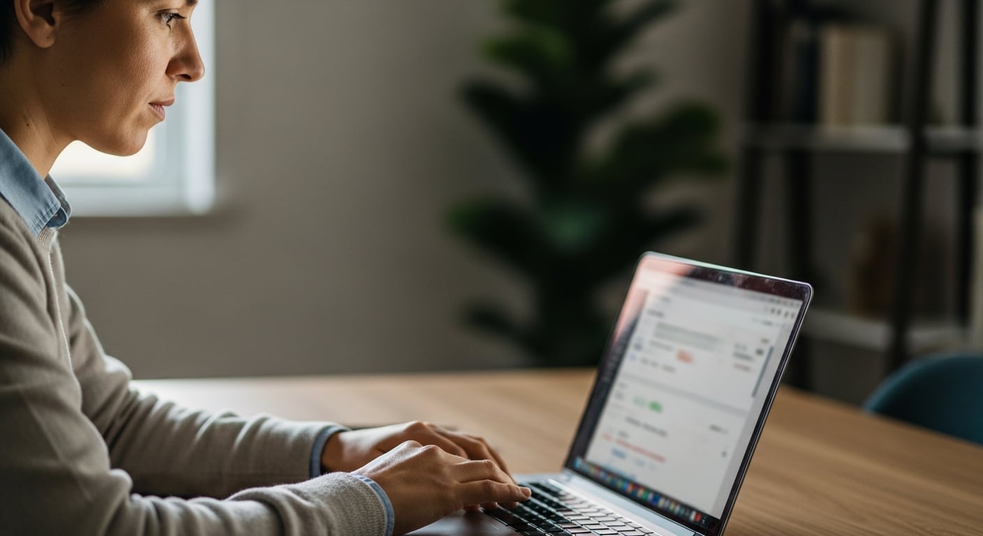 Una mujer revisa información en una computadora portátil, aplicando medidas para evitar fraudes con aplicaciones de préstamos. (Imagen Ilustrativa Infobae)