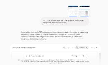 Captura de pantalla de un chat con Gemini con dos imágenes adjuntas, mensajes de texto y una ventana para editar un documento
