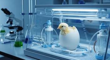 Un pollito amarillo claro emerge de un huevo blanco artificial dentro de un incubador de laboratorio con tubos y una pantalla digital que muestra datos.