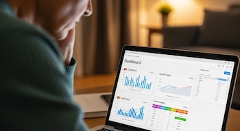 Um adulto olha para uma tela de computador que exibe gráficos e tabelas de um painel financeiro.