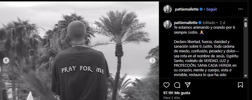 “Declaro libertad, fuerza, claridad y sanación sobre ti, Justin”, escribió Pattie en su publicación. (Instagram/Pattie Mallette)