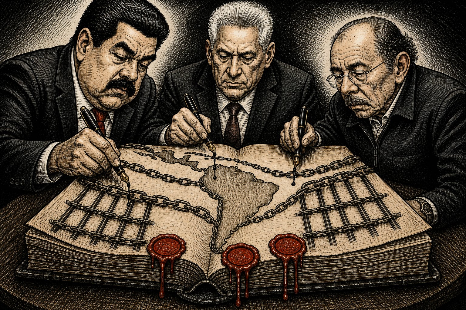 Nicolás Maduro, Miguel Díaz-Canel y Daniel Ortega firman un libro con el mapa de América Latina rodeado por cadenas y barrotes. (Imagen Ilustrativa Infobae)