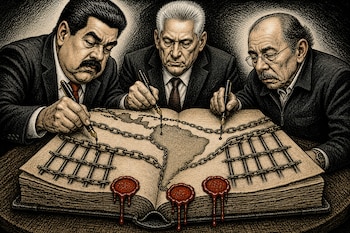 Ilustración en blanco y negro de tres hombres firmando un libro gigante con el mapa de América Latina cubierto por cadenas.