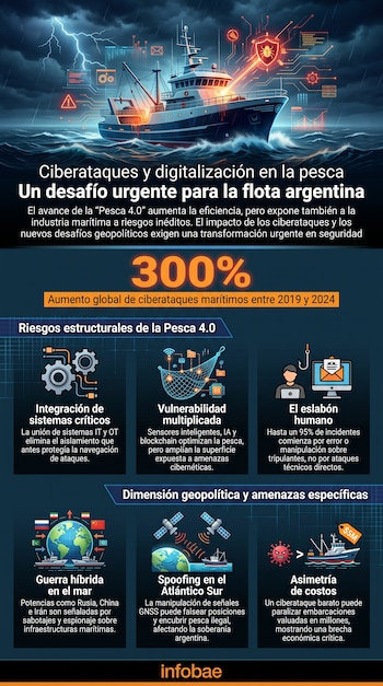 Barco pesquero bajo tormenta con rayos; circuitos digitales, escudo con insecto, engranajes, red, sobre, virus, planeta y satélites. Texto sobre ciberataques.
