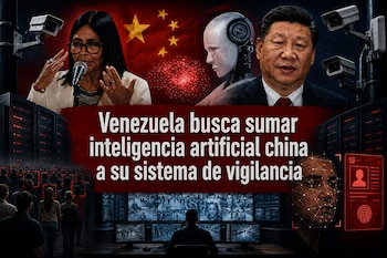 Rostros de Delcy Rodríguez y Xi Jinping junto a cámaras de vigilancia, la bandera de China, servidores y pantallas de monitoreo.