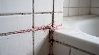 Junta entre azulejos blancos y una bañera con gotas de agua y una franja de sellador con decoloración rosada y oscura.