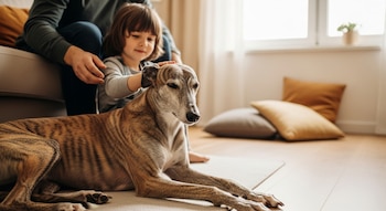 Un perro Galgo atigrado yace en una alfombra, mientras un niño lo acaricia suavemente. Un adulto se sienta en un sofá detrás. Al fondo, una ventana y cojines.