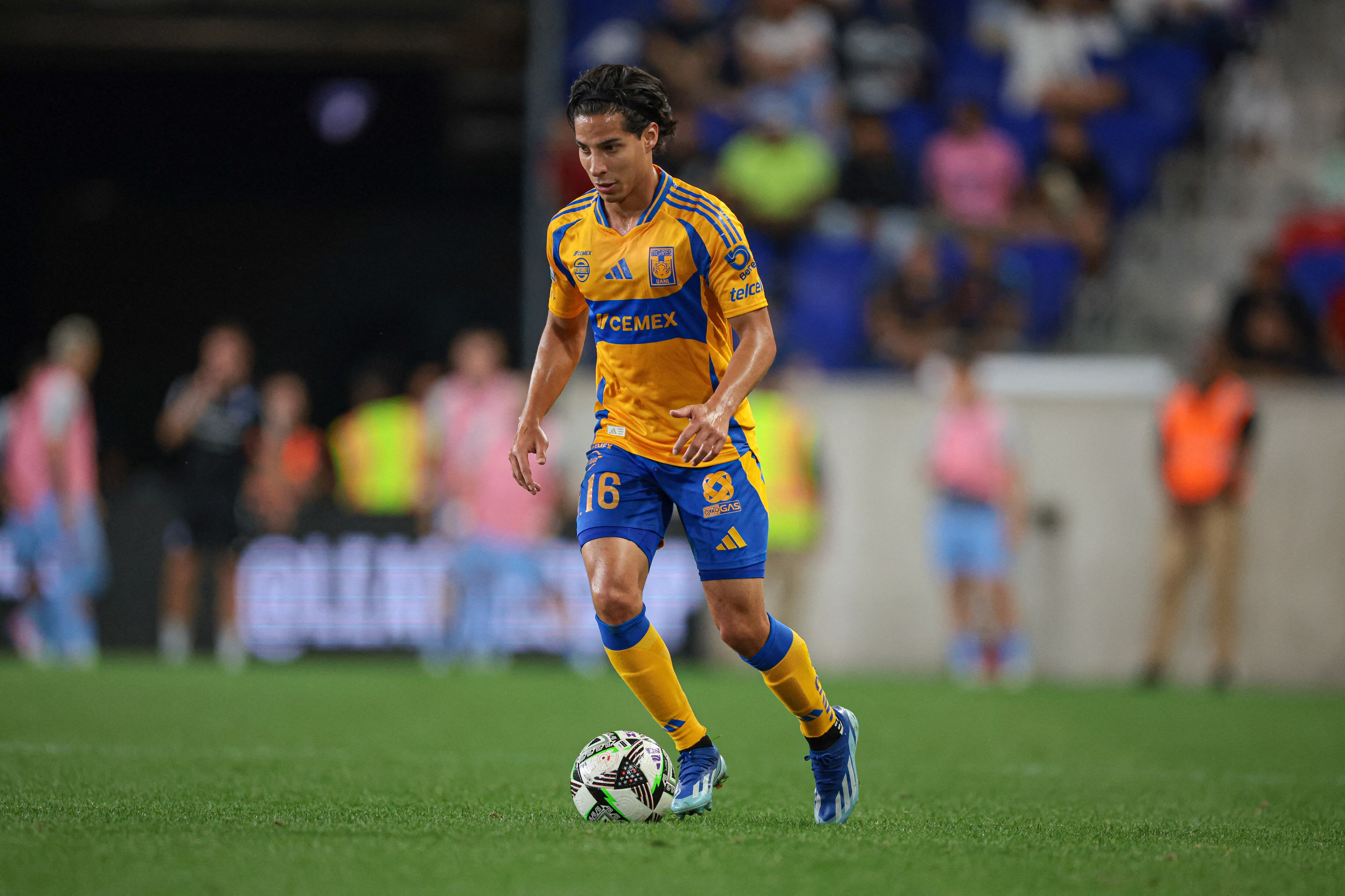 Aug 13, 2024; Harrison, New Jersey, USA; Tigres UANL midfielder Diego Lainez (16) controls the ball against New York City FC during the second half at Red Bull Arena. Mandatory Credit: Vincent Carchietta-USA TODAY Sports