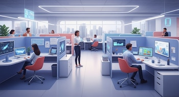 Una oficina luminosa y moderna con diseño futurista donde varias personas trabajan en cubículos individuales con computadoras, al fondo se observa un paisaje urbano.