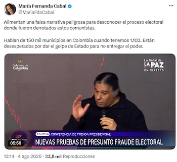 María Fernanda Cabal acusó al Gobierno de crear una narrativa falsa para desconocer las elecciones - crédito @MariaFdaCabal/X