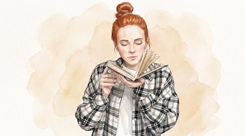 Dibujo de una mujer pelirroja con peinado en moño y camisa a cuadros que sostiene un libro abierto frente a ella.