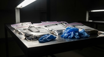 Vista de paquetes sellados de evidencia con etiquetas y guantes de látex azules sobre una mesa oscura, iluminada por luces de oficina en un entorno sombrío.