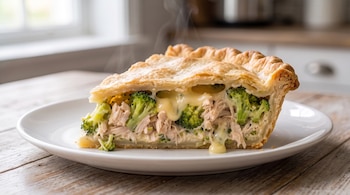 Primer plano de una porción de tarta de pollo con brócoli en un plato blanco, con vapor que emerge de su superficie.