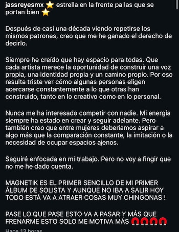 Jass Reyes afirma que en la industria musical hay espacio para todas las artistas y que cada una debe construir una voz e identidad propias. - (Instagram)