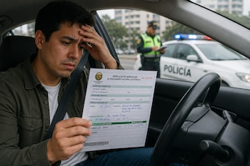 Hombre dentro de un automóvil que observa una papeleta de infracción, con un agente y un vehículo policial al fondo