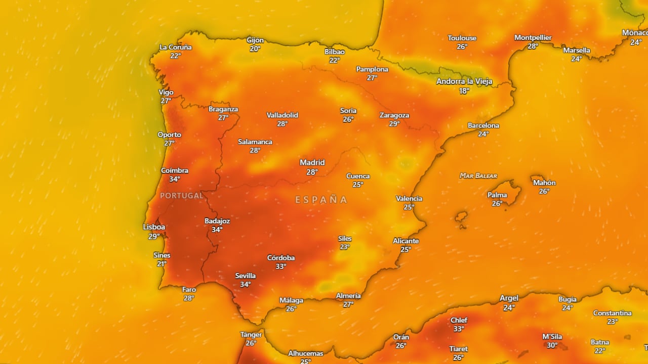 Mapa de la temperatura en España el sábado 19 de septiembre de 2026. (Windy)