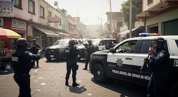 Varios agentes de la Policía Estatal del Estado de México con uniformes y armas de fuego patrullan una calle urbana con múltiples vehículos policiales estacionados.